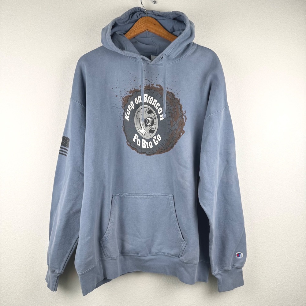 Champion Hoodie Mens XL Blue Excellent Keep on Broncon Graphic Outdoor Casual